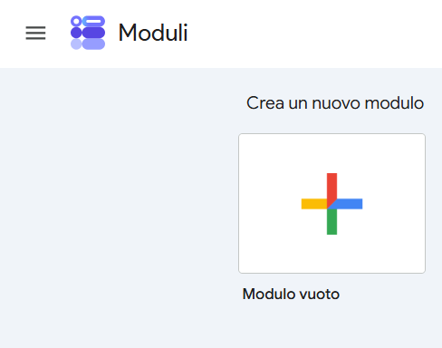 Screenshot del pulsante di Moduli Google 'Crea un nuovo modulo'