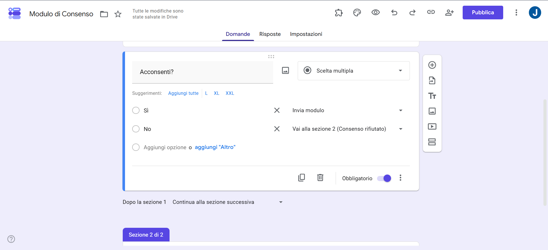 Screenshot della domanda di Moduli Google con la risposta 'sì' che indirizza alla pagina di invio del modulo e la risposta 'no' che indirizza alla sezione 'consenso rifiutato'