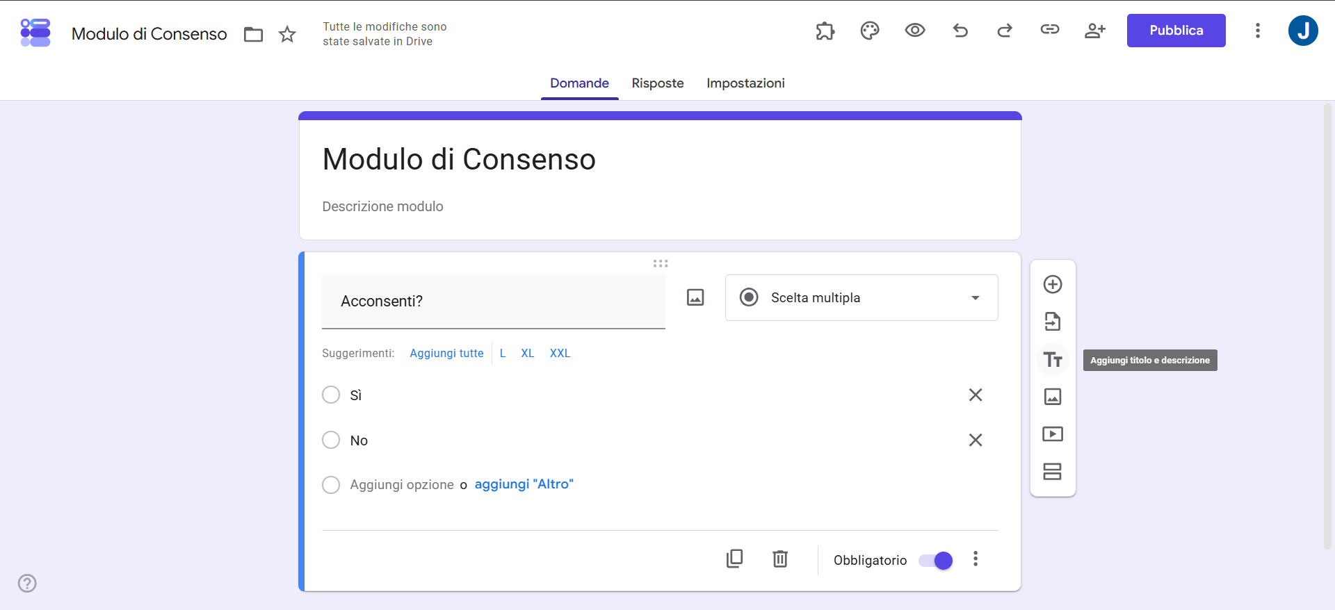 Screenshot della barra laterale delle domande e opzioni del modulo Google con il pulsante 'Aggiungi titolo e descrizione' evidenziato