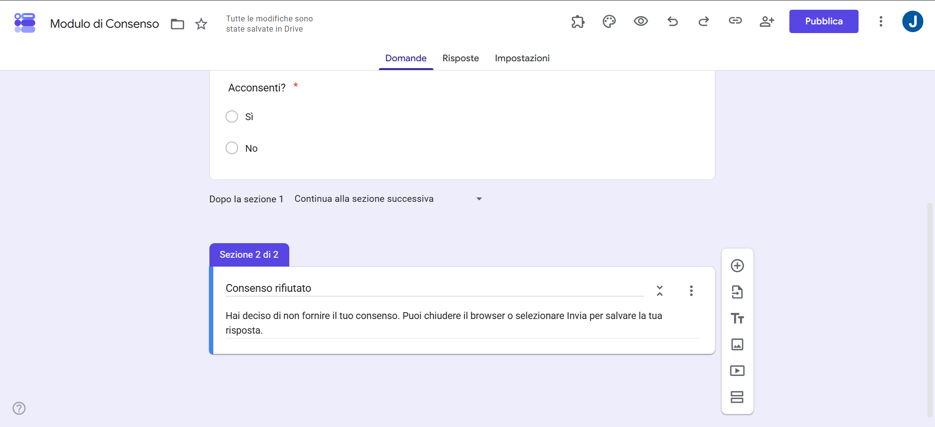 Screenshot della sezione di Google Forms intitolata 'Consenso Rifiutato' con una descrizione di 'Hai scelto di non dare il consenso