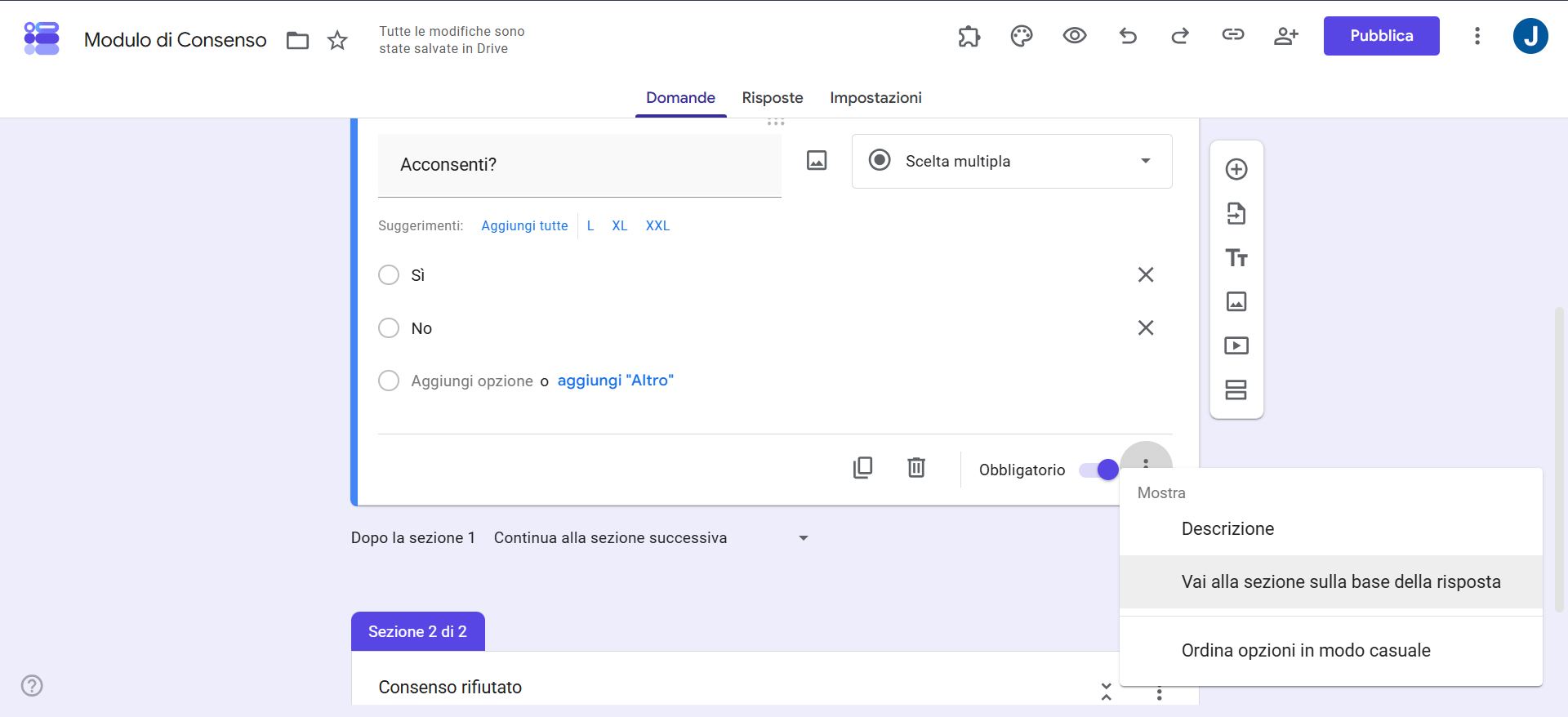 Screenshot del menu delle opzioni delle domande di Moduli Google con 'vai alla sezione sulla base della risposta' evidenziato