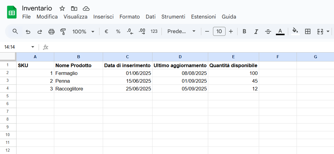Screenshot di Fogli Google con informazioni sull'inventario