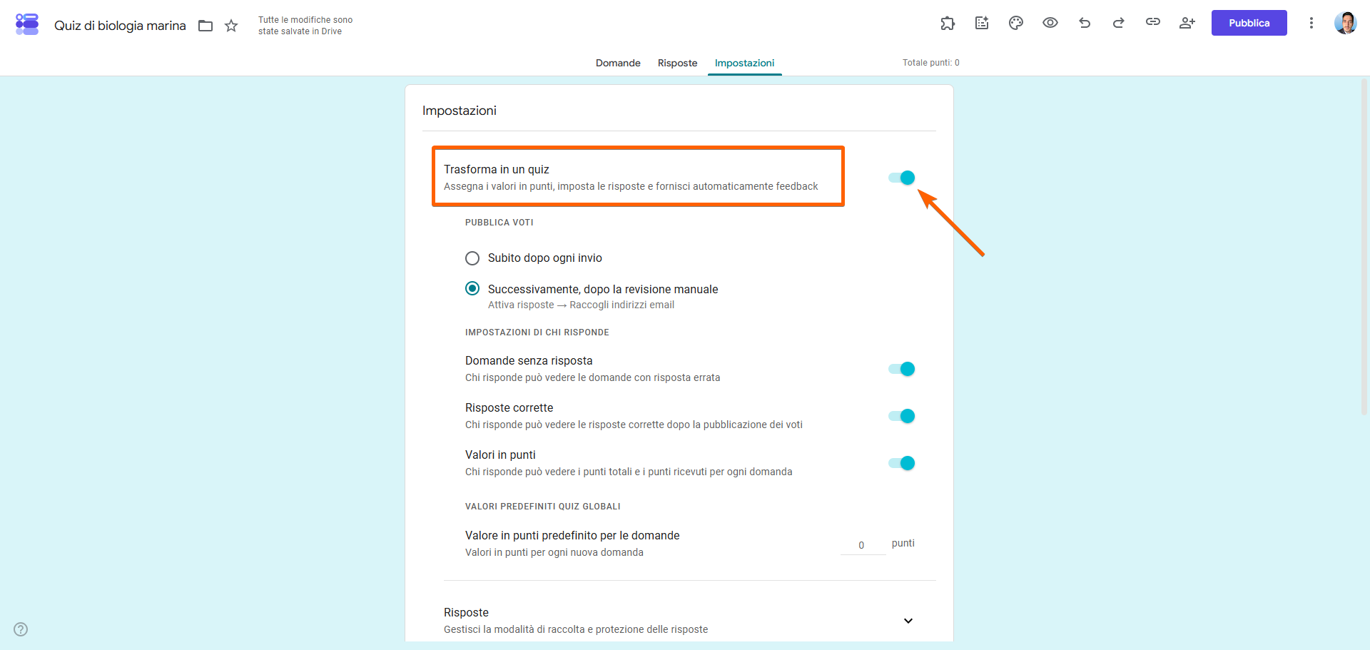 Screenshot di un quiz nel creatore di Moduli Google