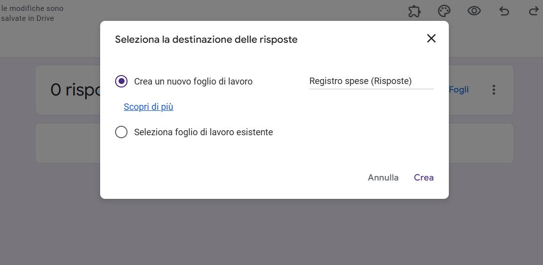 Screenshot del popup “Seleziona la destinazione delle risposte” dove gli utenti possono creare e dare un titolo a un nuovo foglio di calcolo in cui si registrano le risposte del modulo