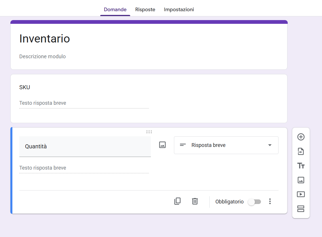 Screenshot di un modulo Google utilizzato come inventario
