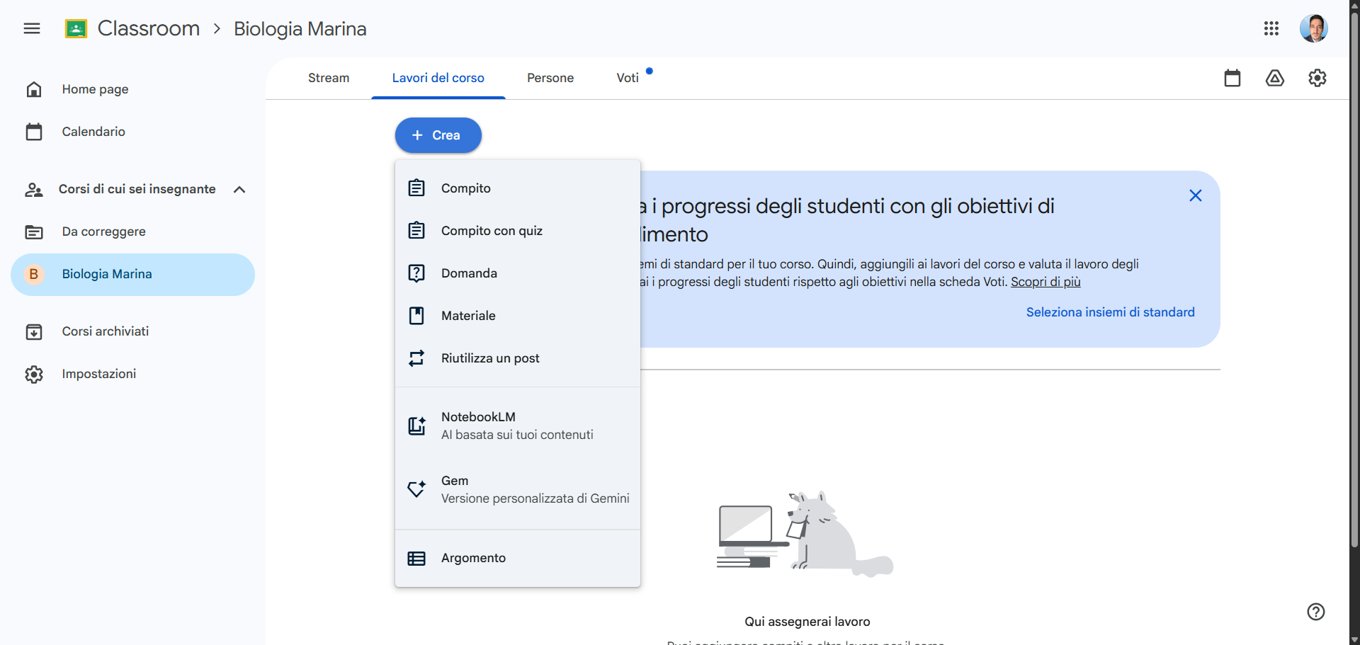Screenshot di Google Classroom con il menu "Crea" aperto
