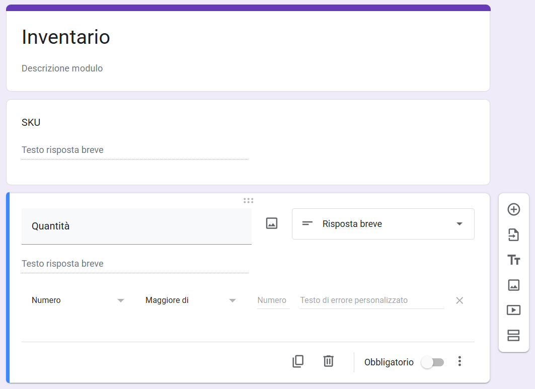 Screenshot delle impostazioni di Convalida della risposta alla domanda sulla quantità su Moduli Google