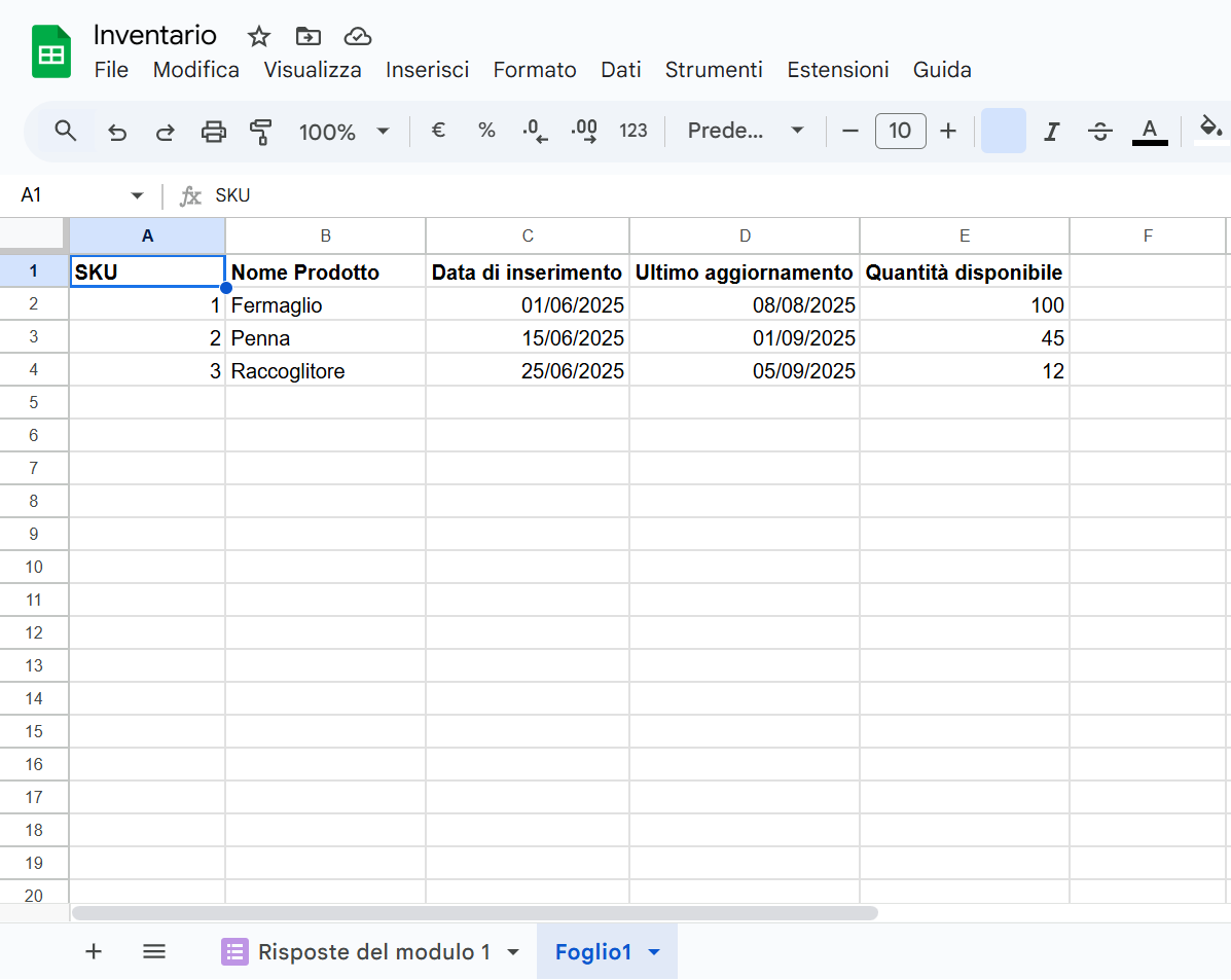 Screenshot della nuova scheda di risposta al modulo su Fogli Google per l'inventario