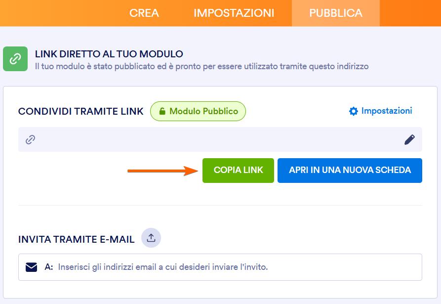 Screenshot di Jotform, con una freccia che punta al pulsante Copia Link