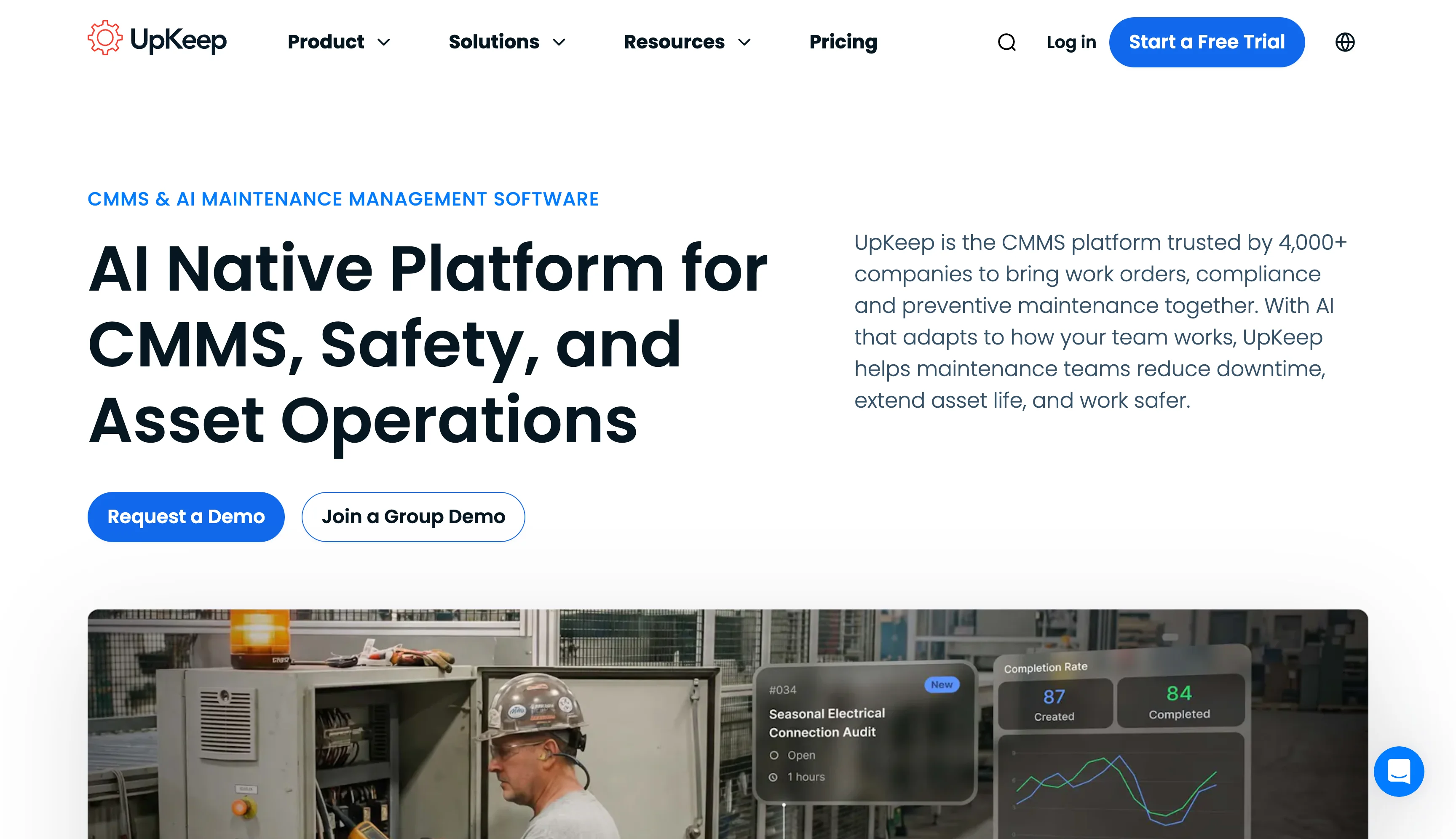 UpKeep homepage promoting AI-powered maintenance management and asset operations for industrial teams
