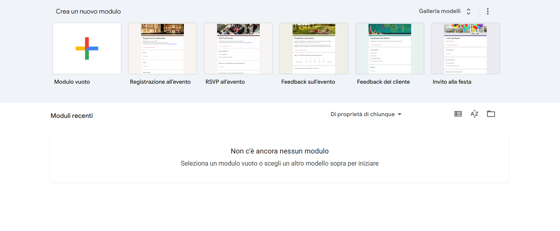 Pagina di Inizio Nuovo Modulo in Moduli Google