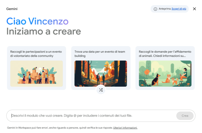 Screenshot della funzione "Aiutami a Creare un Modulo" in Moduli Google