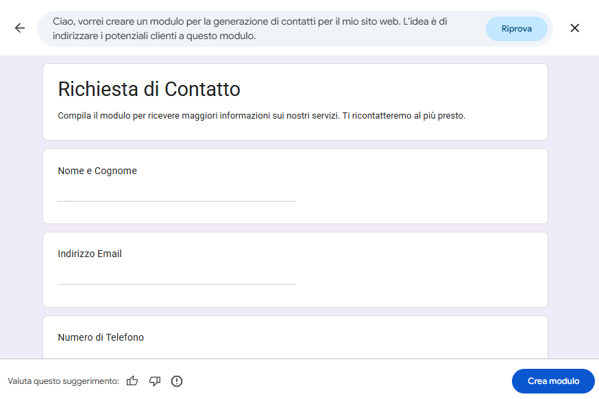 Screenshot che mostra come creare un modulo tramite un prompt su Moduli Google
