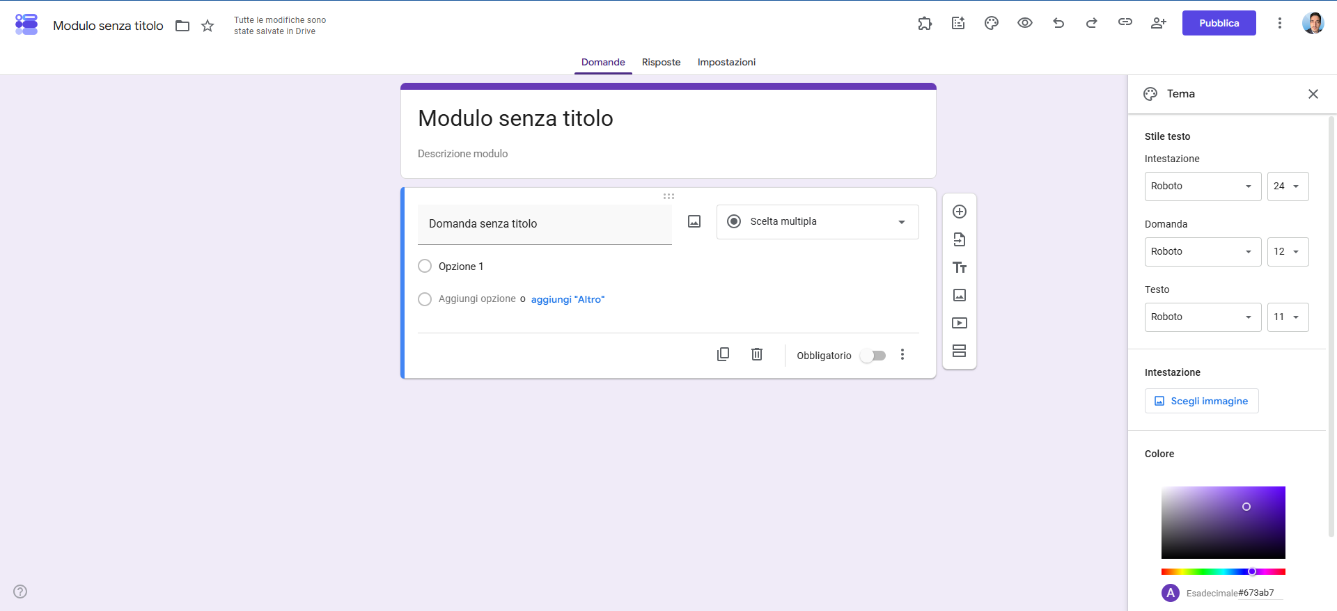 Screenshot dell'interfaccia di personalizzazione di Moduli Google che mostra gli elementi che gli utenti possono modificare durante la creazione del modulo