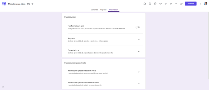 Screenshot della sezione Impostazioni di Moduli Google