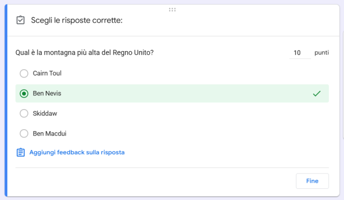 Screenshot che mostra l'opzione chiave di risposta su Moduli Google
