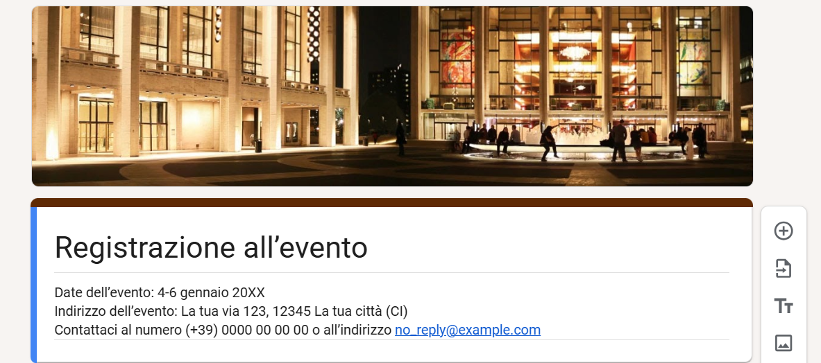 Screenshot di un modulo Google per la registrazione evento con il titolo “Registrazione all'evento” e una descrizione di esempio dell'evento