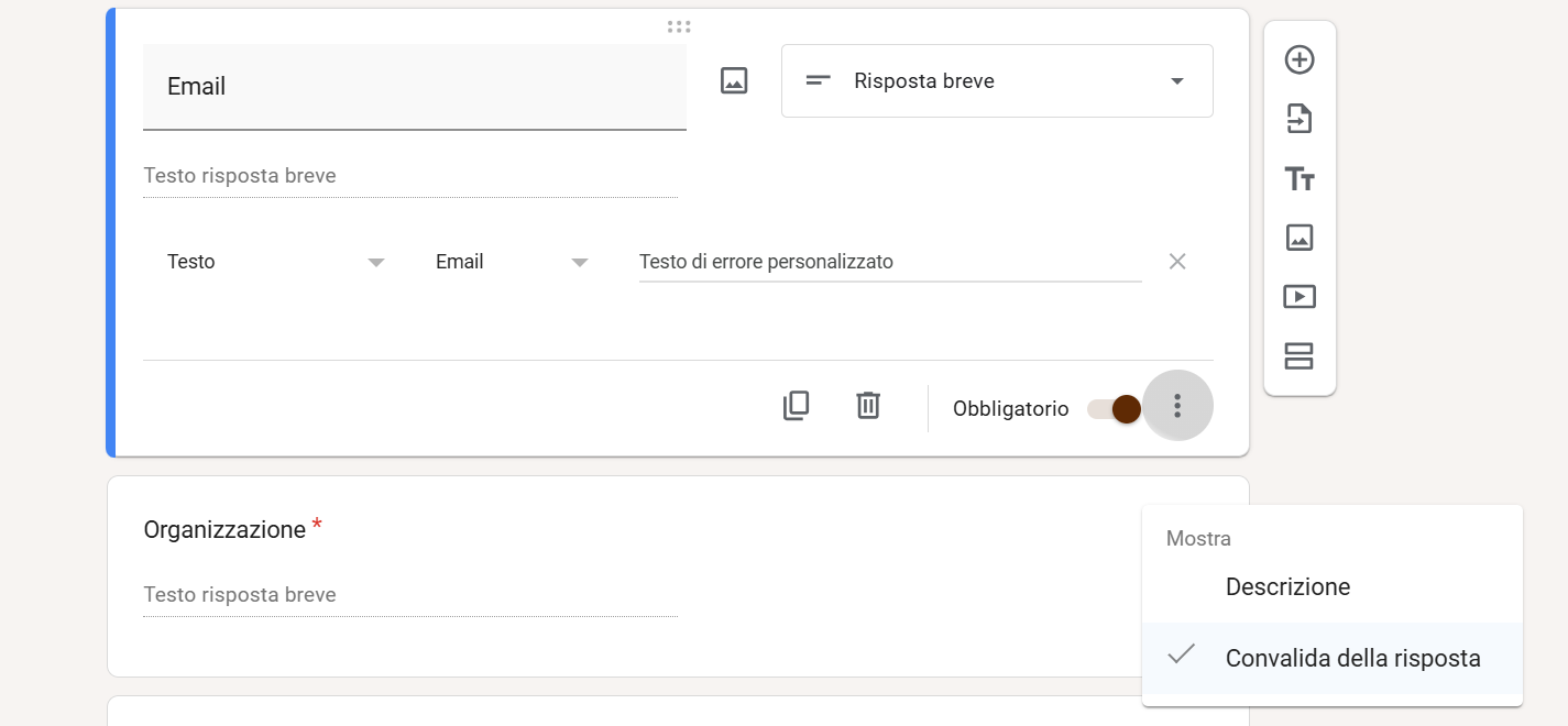 Screenshot del campo di risposta “Email” su un modulo Google con le opzioni del menu nell'angolo in basso a destra aperte