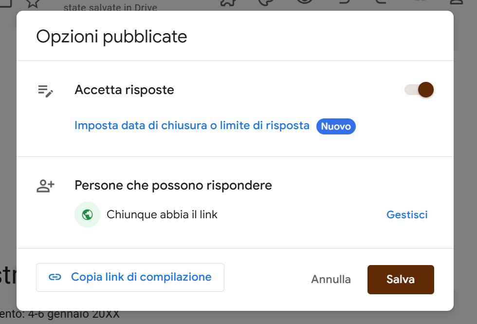 Screenshot della schermata “Opzioni Pubblicate” su Moduli Google con l'opzione accetta risposte attivata