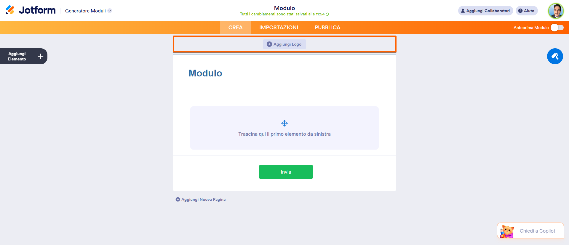 Pagina vuota del Generatore di moduli di Jotform con la sezione Aggiungi Logo in evidenza