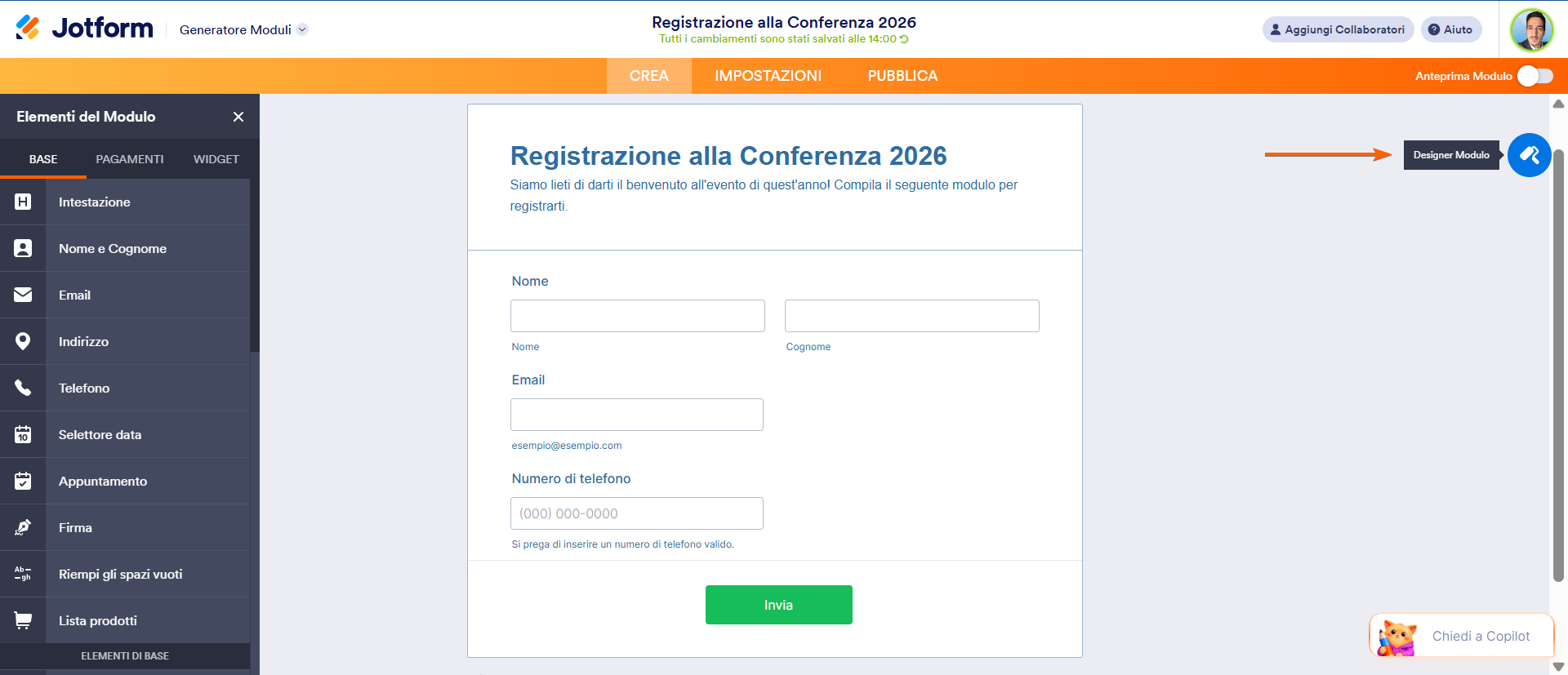 Un "Modulo di registrazione conferenza 2026" parzialmente completato in Jotform con l'opzione Designer Modulo in evidenza
