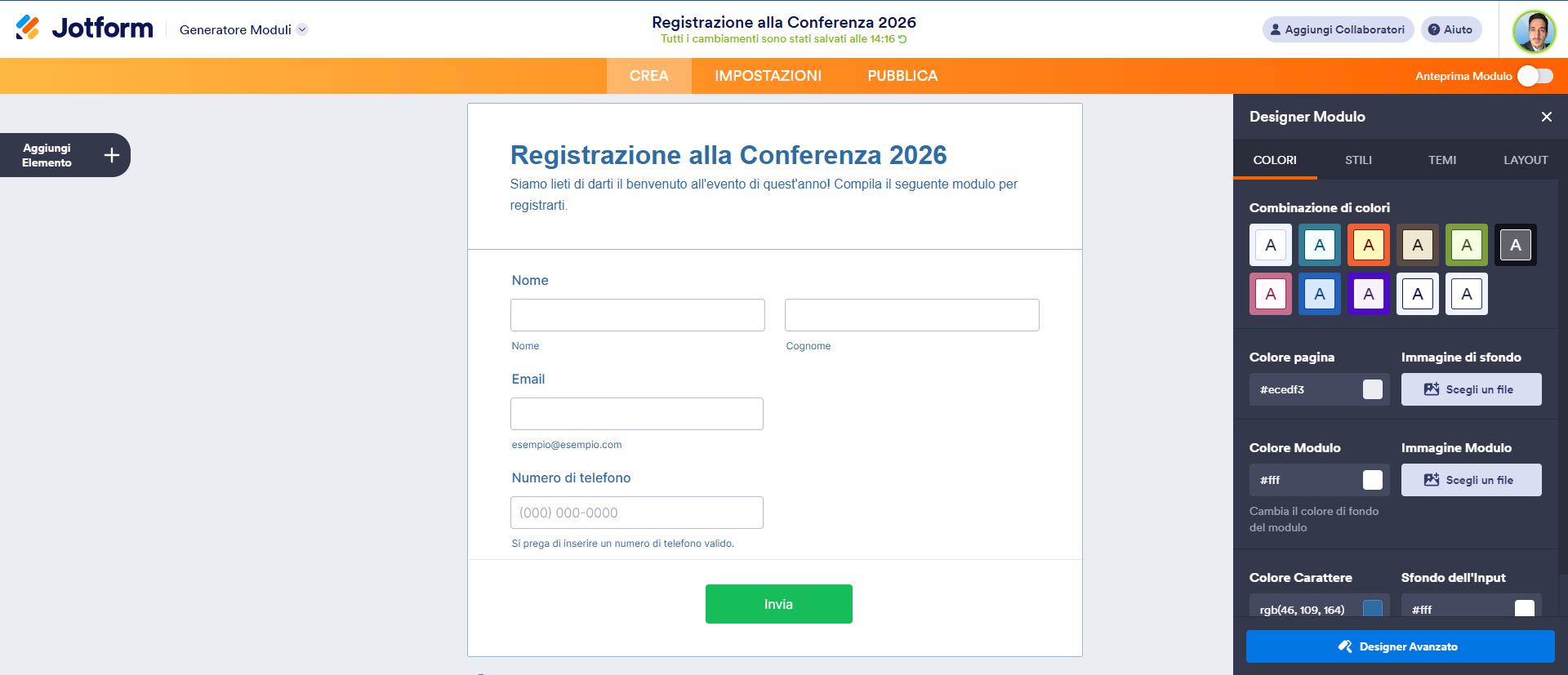 Un "Modulo di registrazione conferenza 2026" su Jotform con una barra laterale che mostra le opzioni di personalizzazione di colore e design