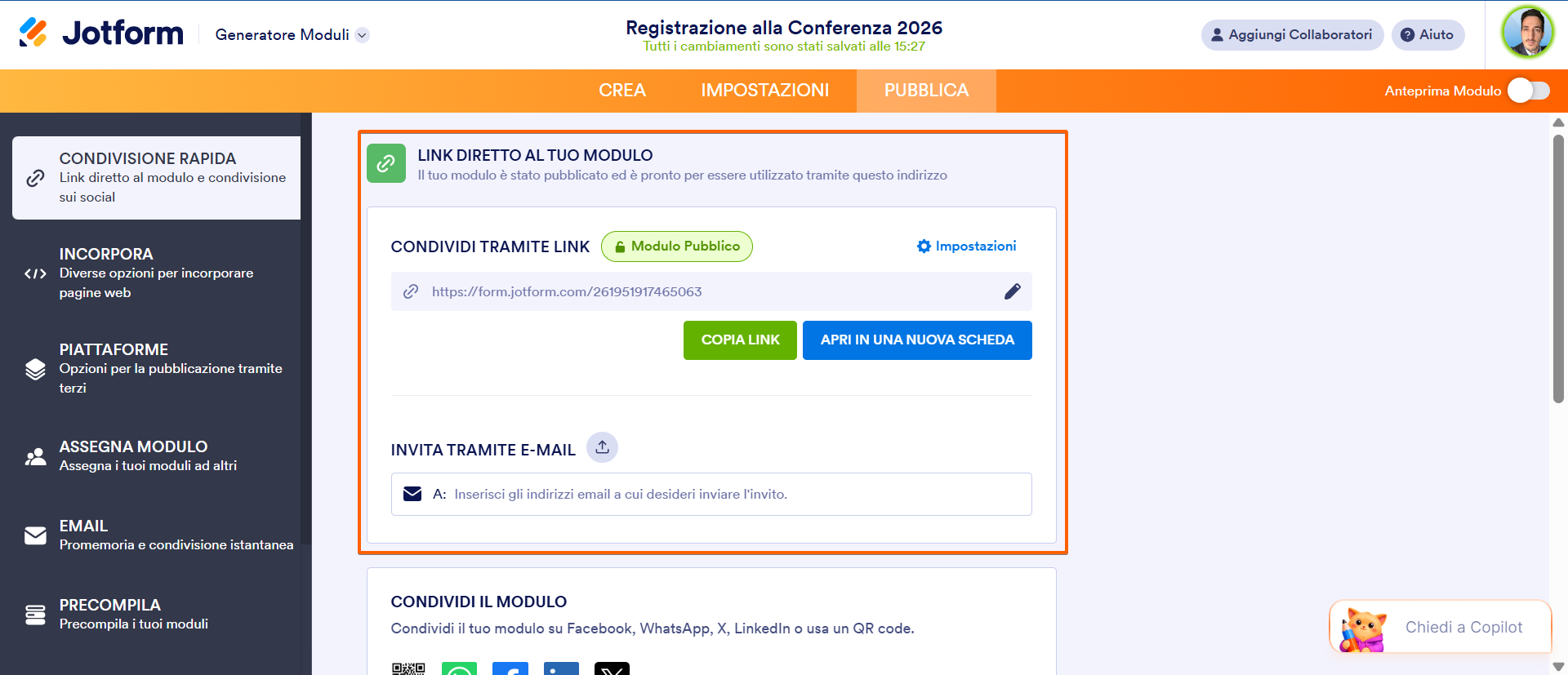 Screenshot della scheda "Pubblica" in Jotform che mostra le opzioni per condividere il "Modulo di registrazione conferenza 2026"