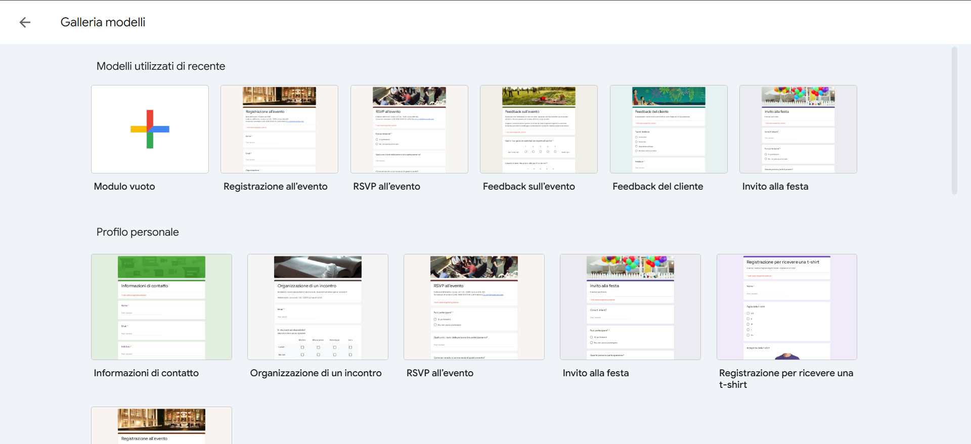 Pagina della Galleria Modelli in Moduli Google