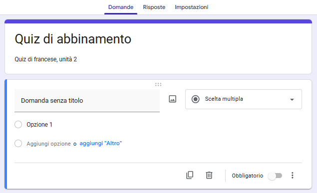 Screenshot di un modulo Google intitolato "Quiz di abbinamento" con una domanda a scelta multipla