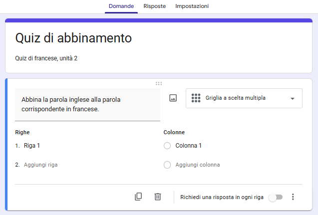 Screenshot dello stesso modulo Google con la domanda "Associa la parola inglese alla corrispondente parola in francese" e una riga e colonna sottostanti