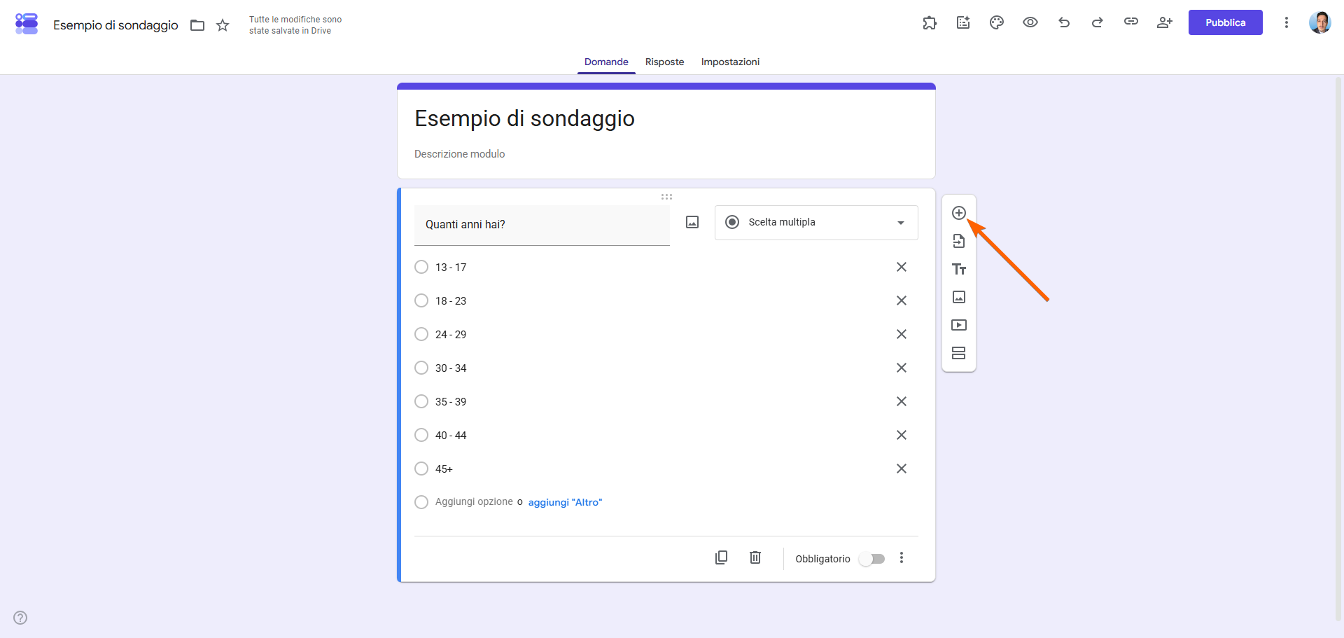 Interfaccia di creazione di sondaggi online con una domanda a scelta multipla sulla fascia di età e un'opzione per aggiungere altre domande