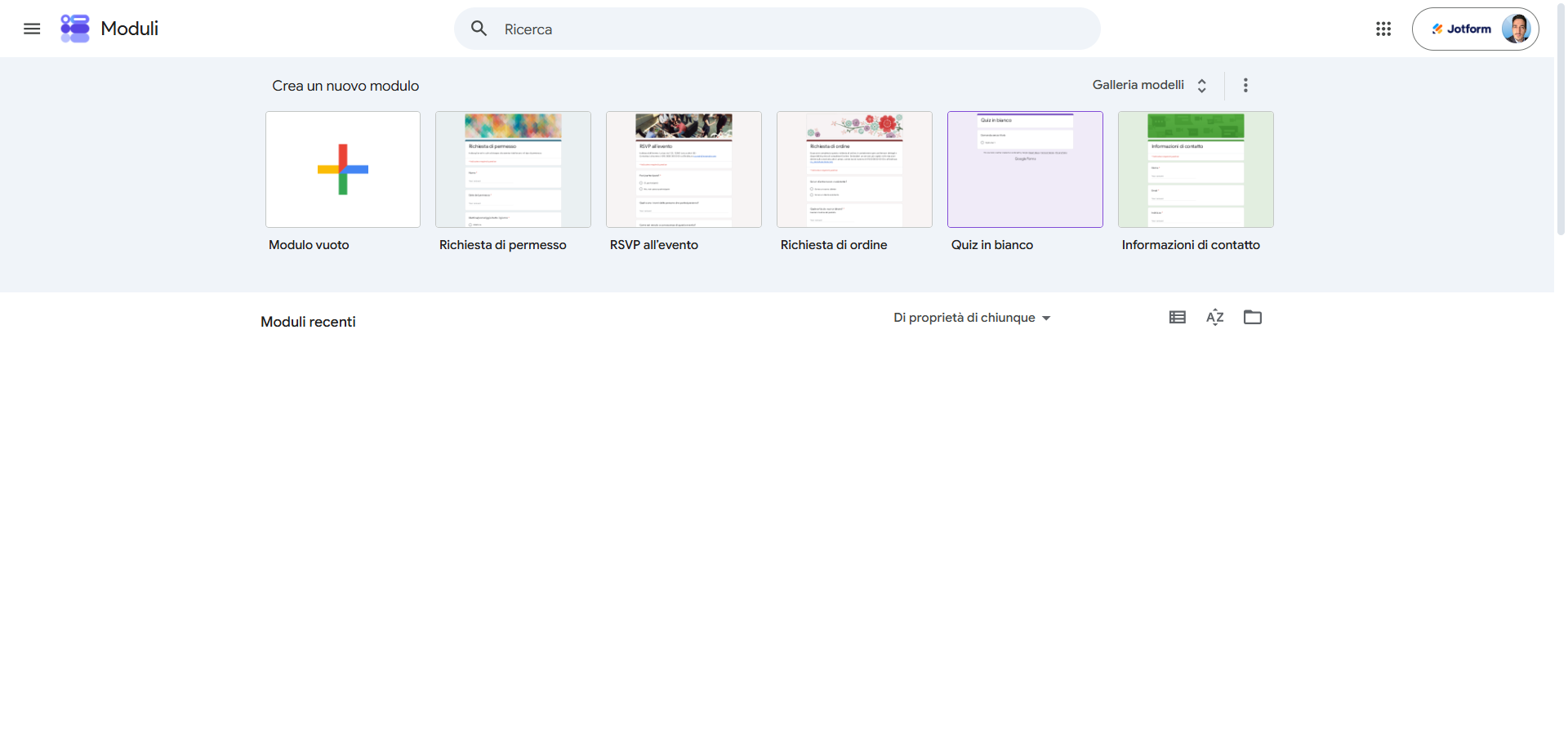 Pagina inziale di Moduli Google