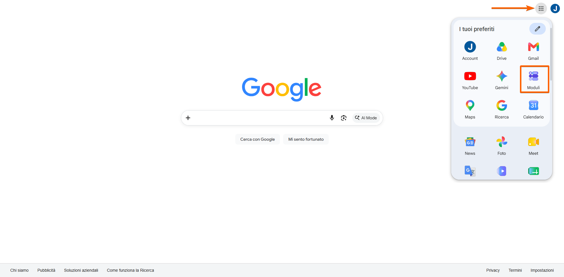 Clic sulla icona di Moduli Google nella home page di Google