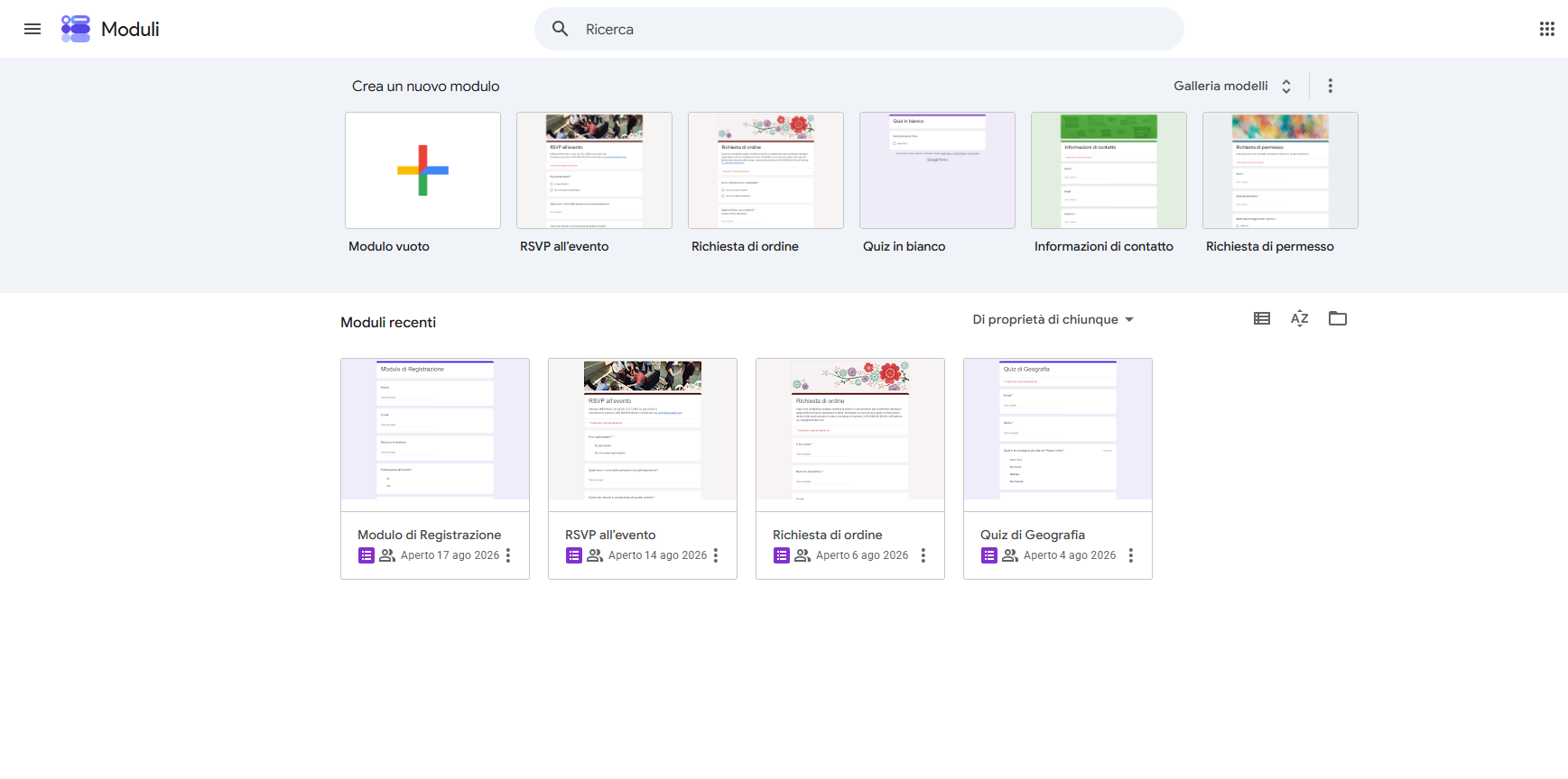 Uno screenshot che mostra la pagina principale di Moduli Google