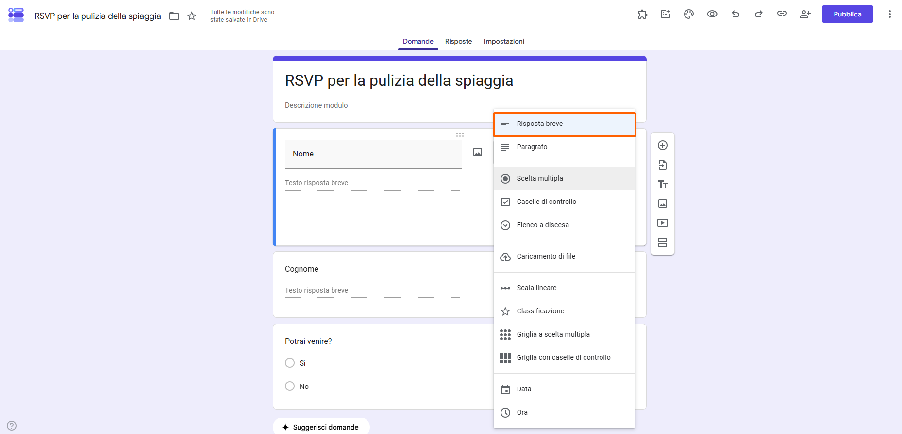 Screenshot di Moduli Google nel suo costruttore, con in evidenza il campo Risposta breve