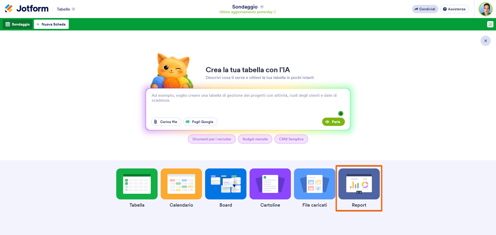 Cliccare su Report nella finestra Nuova Scheda di Tabelle