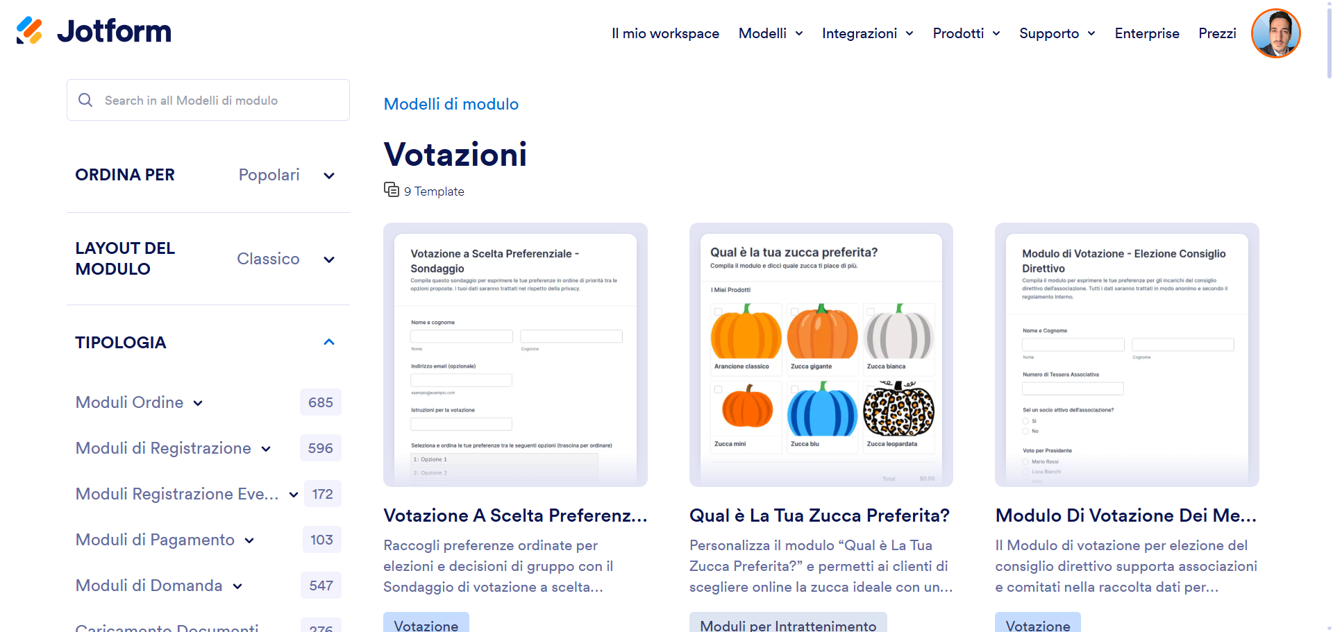 Pagina di Jotform che mostra vari modelli di sondaggi per creare sondaggi e questionari online