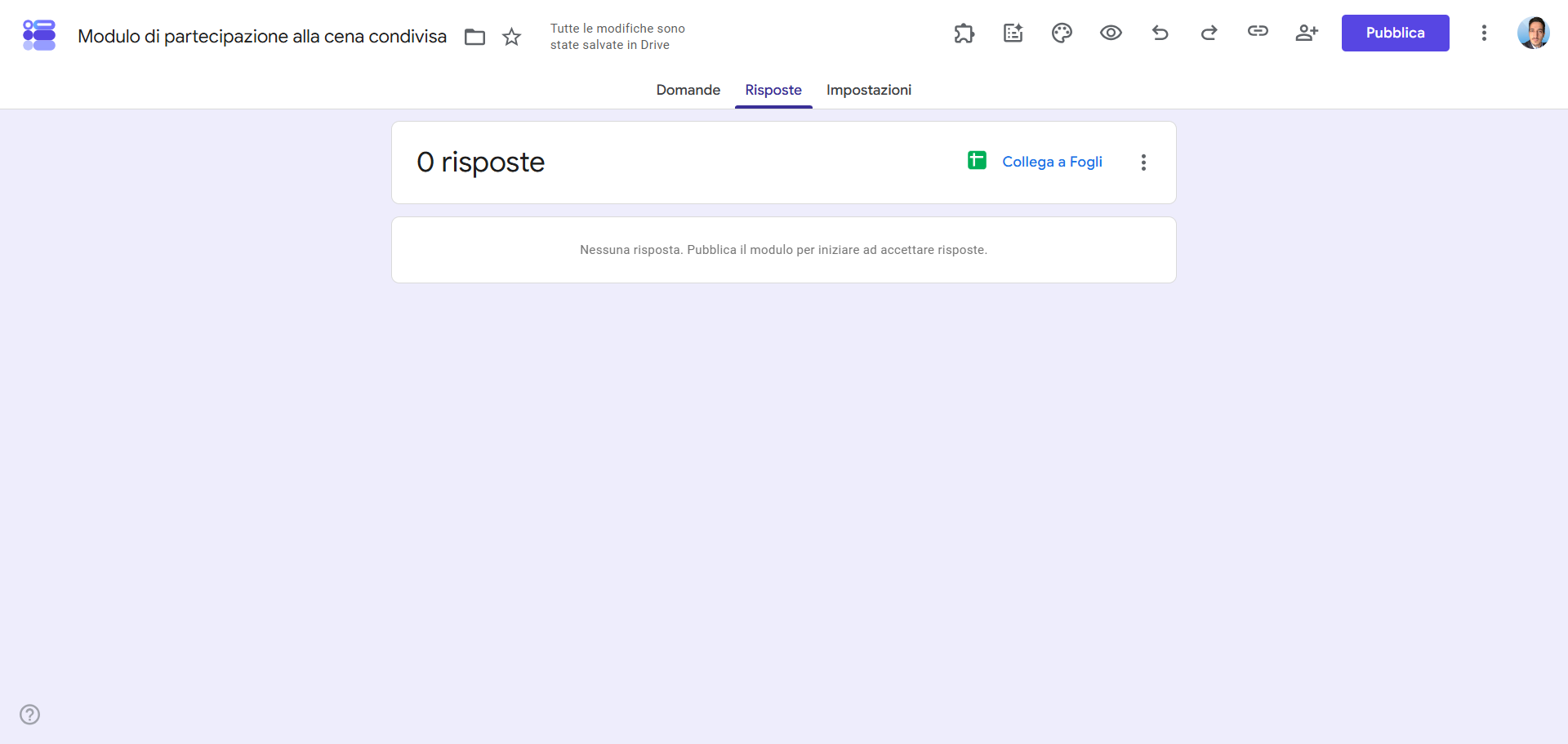 Interfaccia utente delle risposte del foglio di iscrizione di Moduli Google