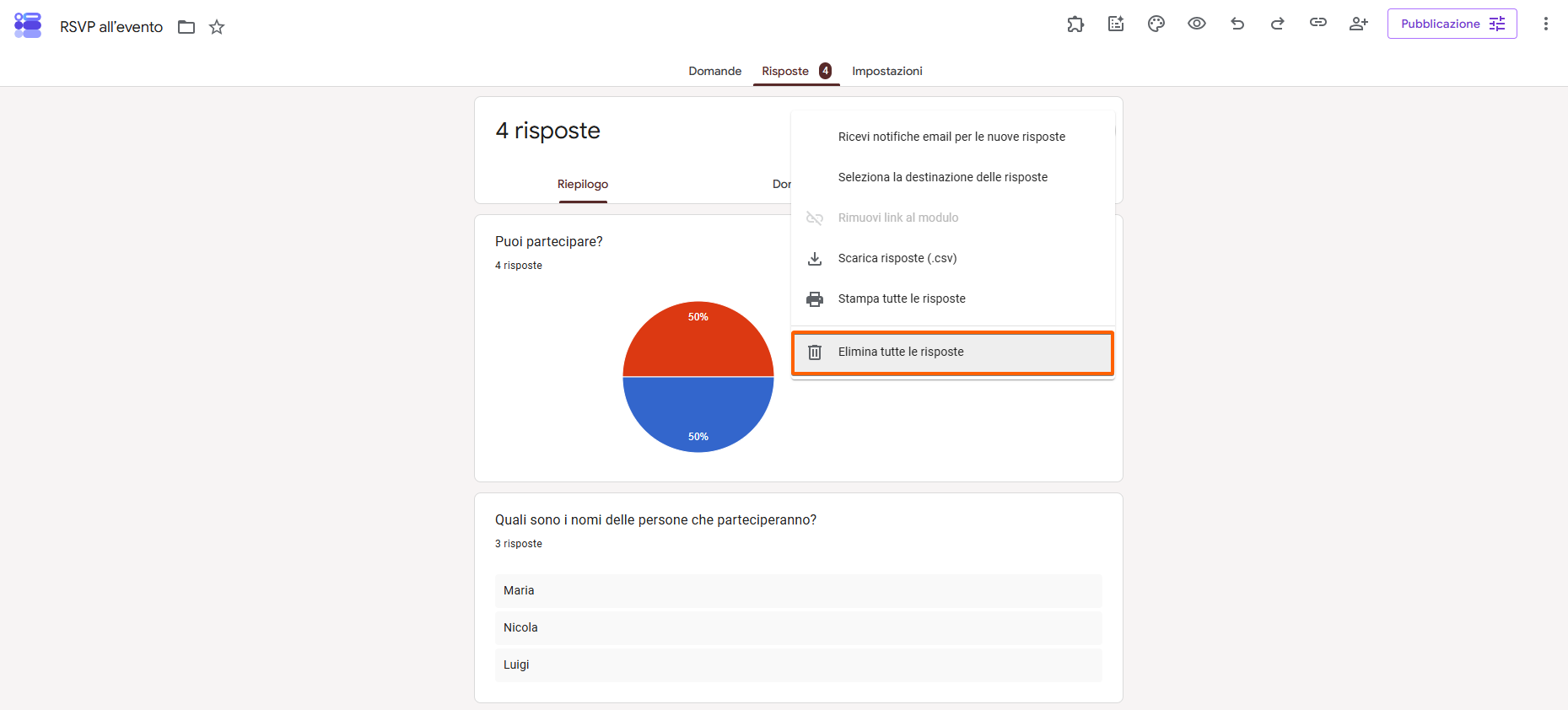 Opzione Elimina tutte le risposte in evidenza in Moduli Google