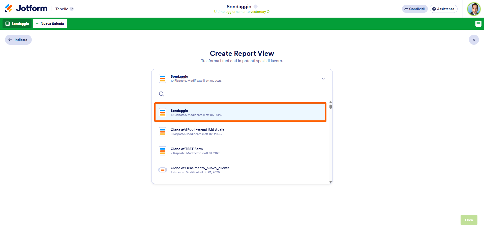 Screenshot che mosta la selezione del modulo nella sezione Create Report View