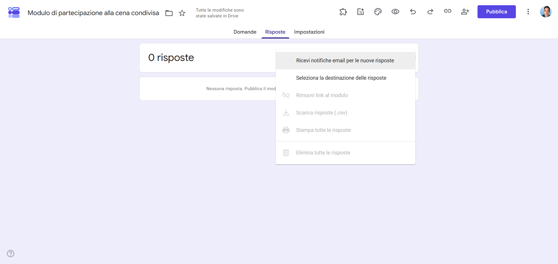 Altre opzioni per le risposte del modulo di iscrizione di Moduli Google