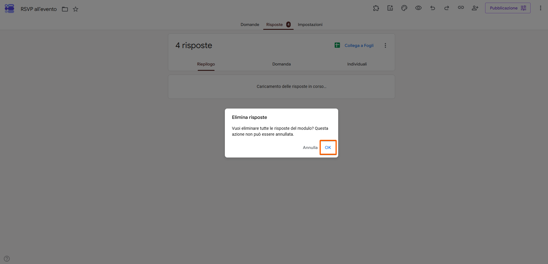 Screeenshot che mostra il pulsante OK nella finestra popup Elimina Risposte