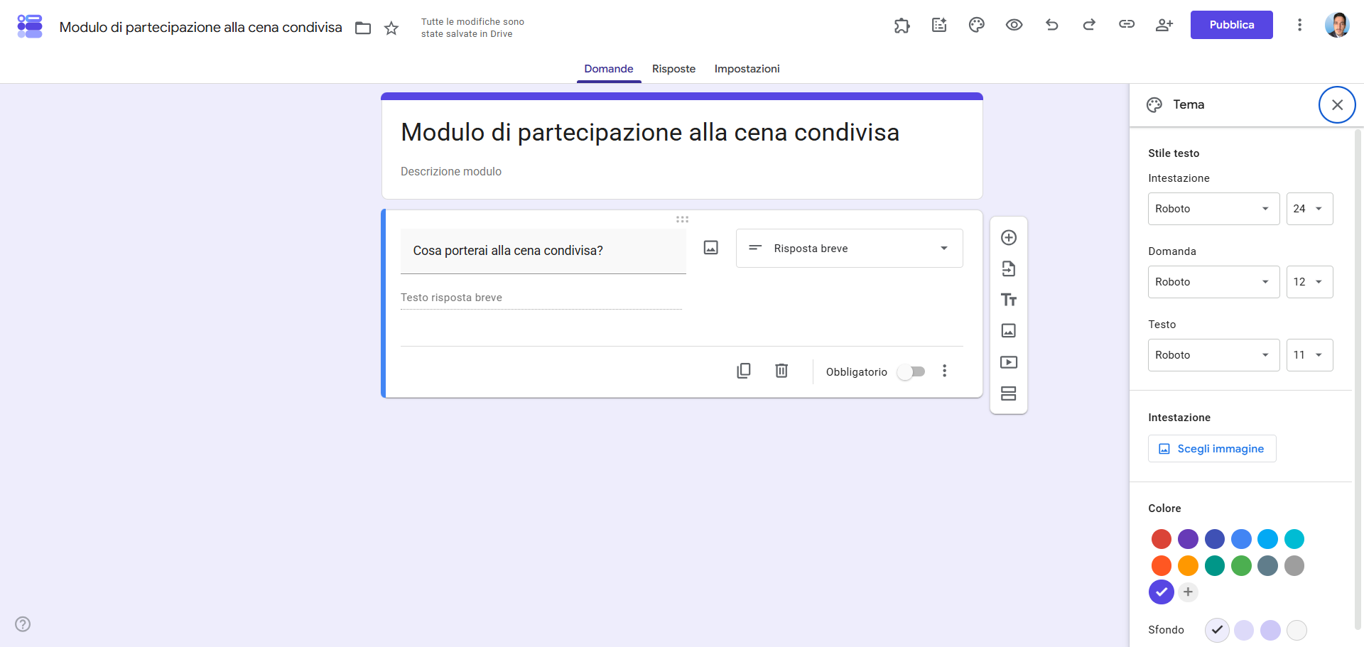 Interfaccia utente del tema di Moduli Google