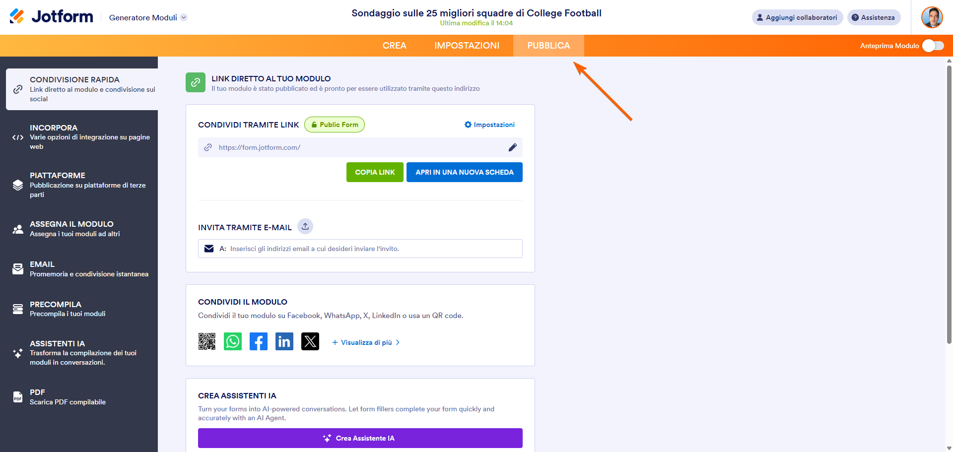 Opzioni di pubblicazione di Jotform che mostrano un link diretto per condividere il modulo 'Sondaggio Top 25 College Football'