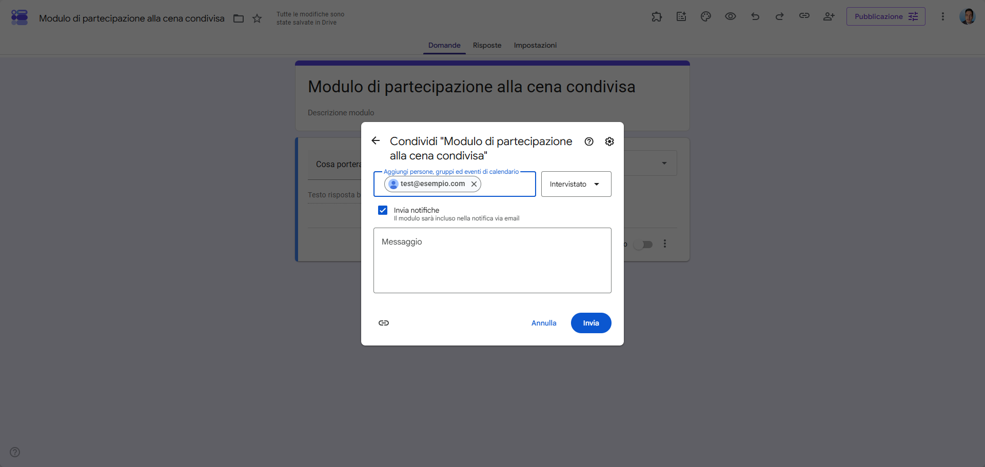 Opzione di condivisione in Moduli Google