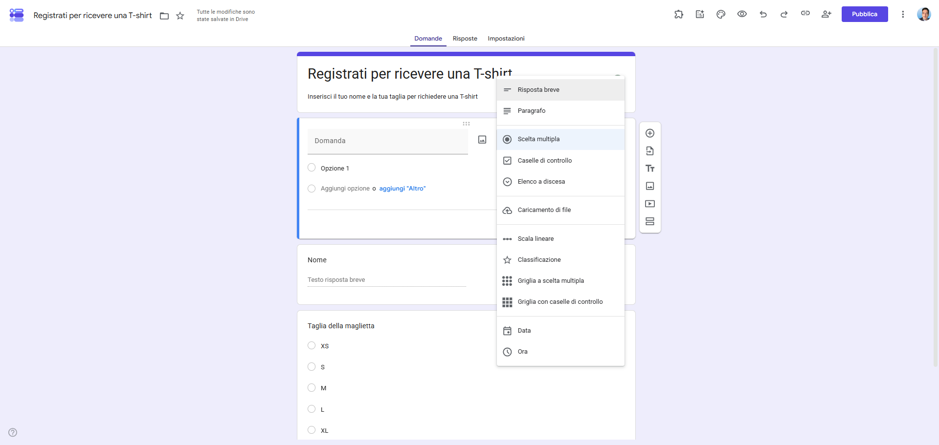 Selezionare Scelta Multipla dai Tipi di Domande in Moduli Google