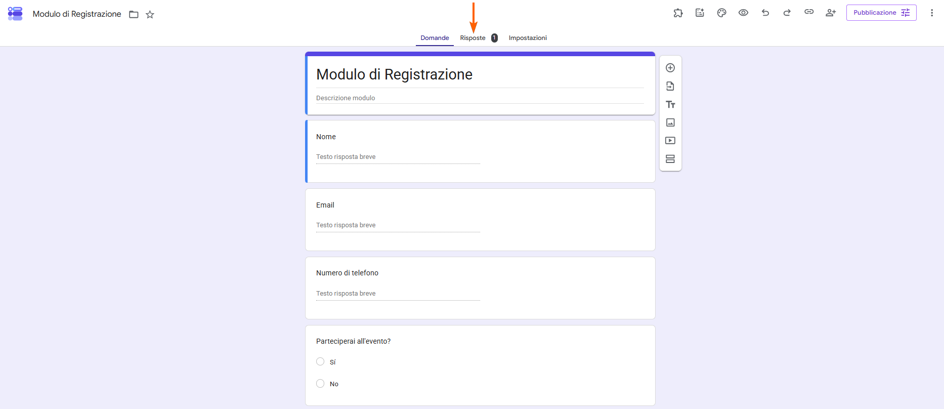 Screenshot di un modulo Google con una freccia che punta alla scheda Risposte