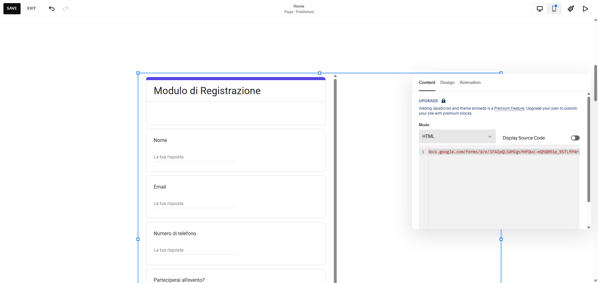 Codice di incorporamento di Moduli Google inserito in un contenitore HTML di Squarespace