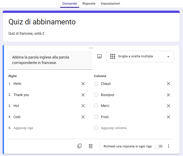 Screenshot della domanda a scelta multipla completamente formattata sullo stesso Moduli Google