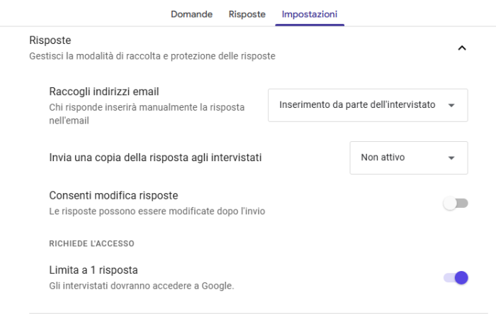 Screenshot che mostra le impostazioni relative alla raccolta dell'email e al limite di 1 risposta